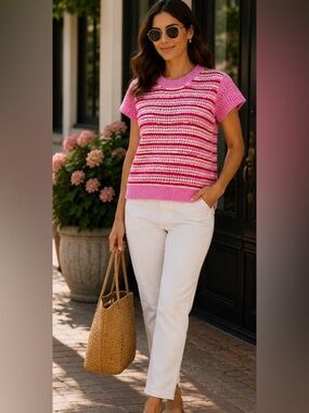 THML Pink & White Striped Knit Short Sleeve Sweater Top